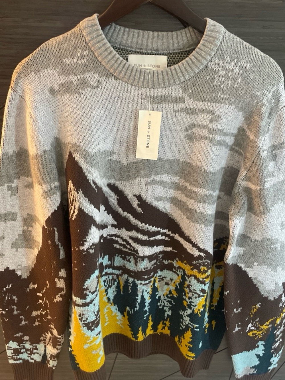 Sun + Stone Gray Crewneck Sweater with Brown, Teal & Mustard Mountain Motif